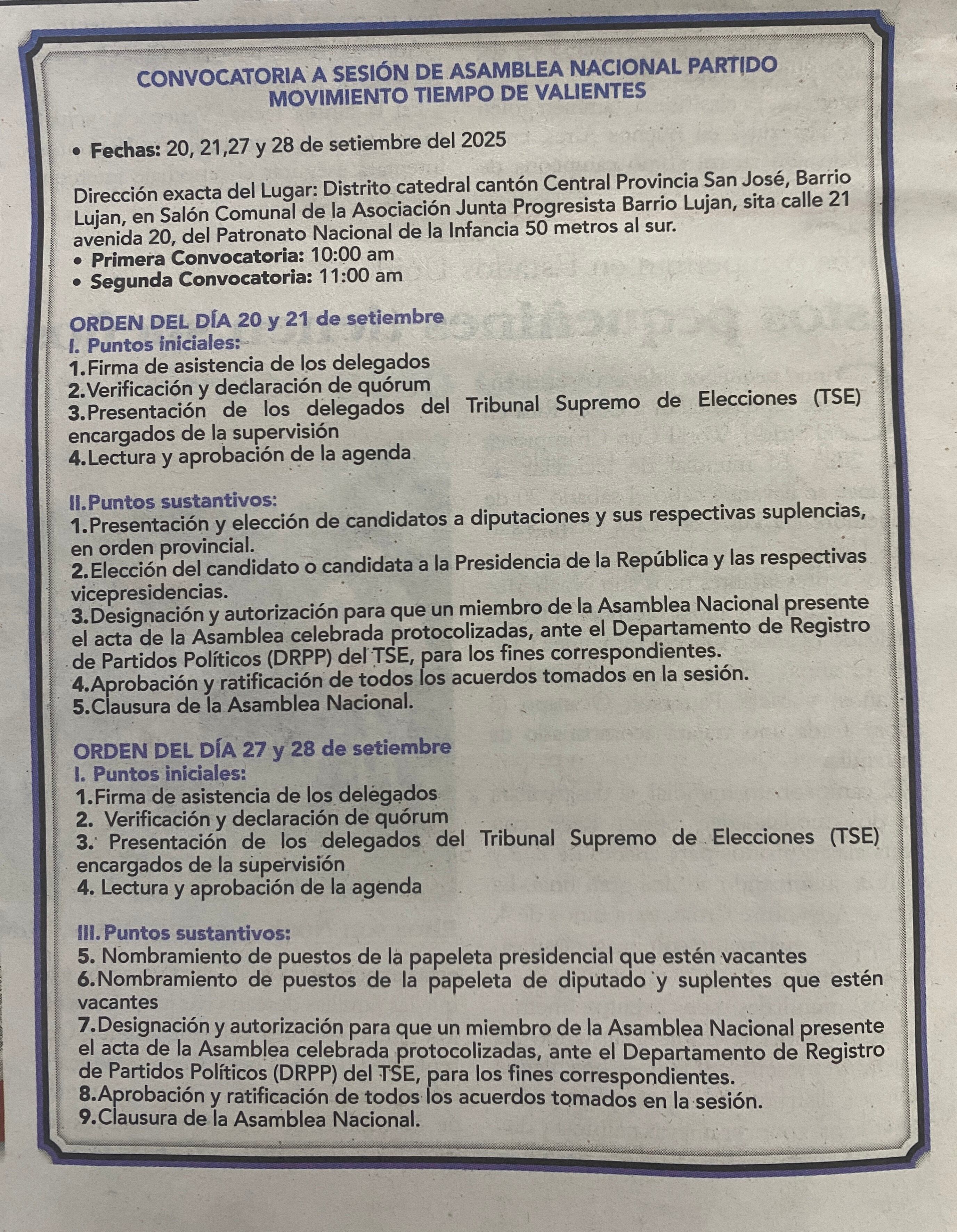 Convocatoria publicada en Diario Extra por los delegados nacionales de Motiva.