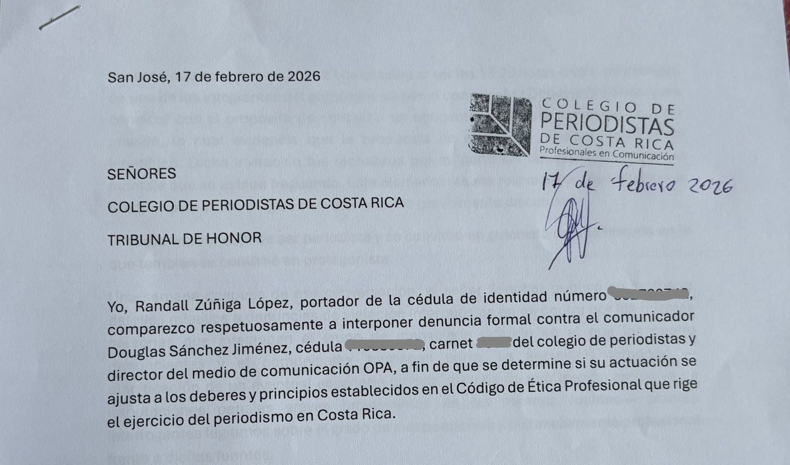 Este fue el documento que entregó Randall Zúñiga ante el Colper, en el que denuncia presuntas faltas éticas del comunicador Douglas Sánchez.