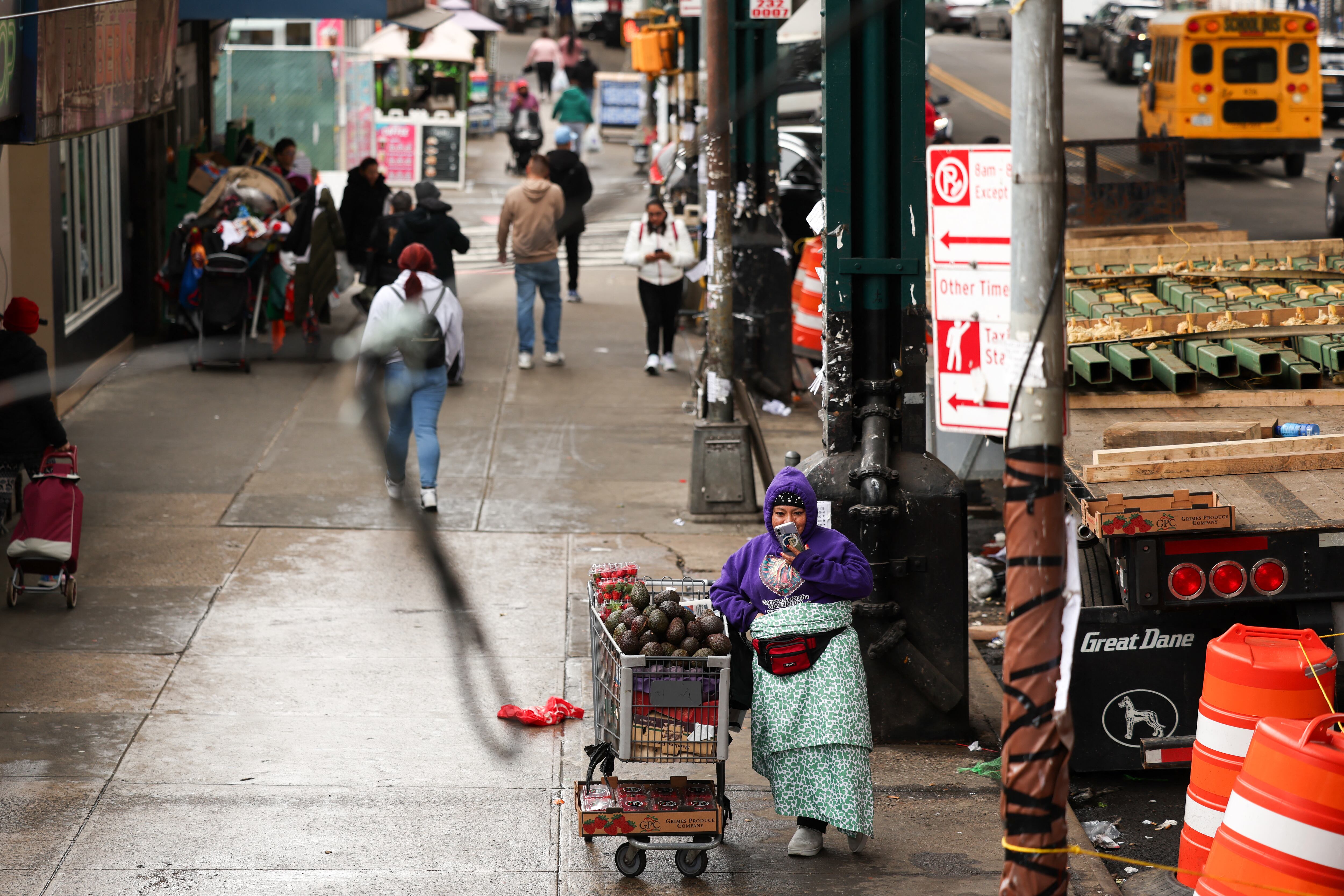 A woman sells avocados in the street in the Corona Plaza area in the Queens borough of New York City on March 20, 2025. A local business owner says that the fear caused by President Donald Trump's immigration policies have left the streets of hi