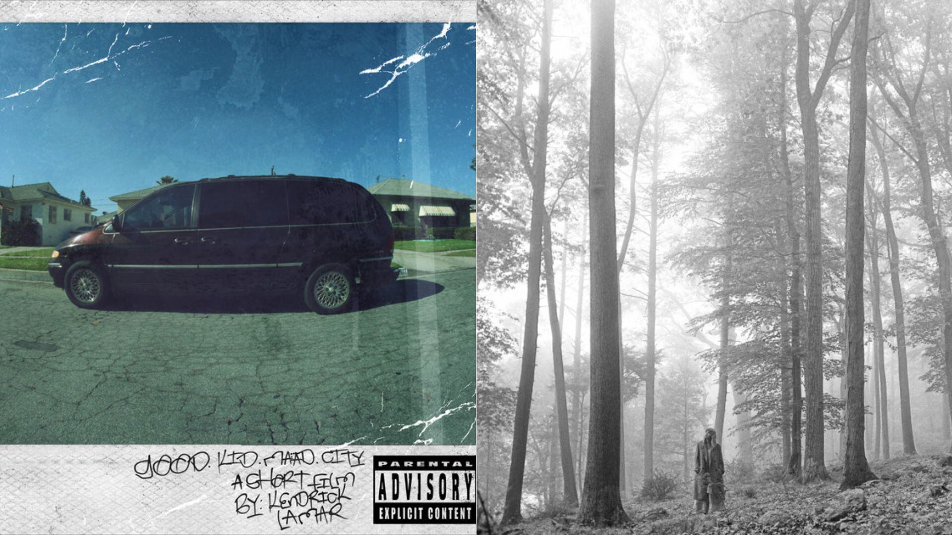 Portadas de 'good kid, m.A.A.d city' de Kendrick Lamar y 'Folklore' de Taylor Swift.