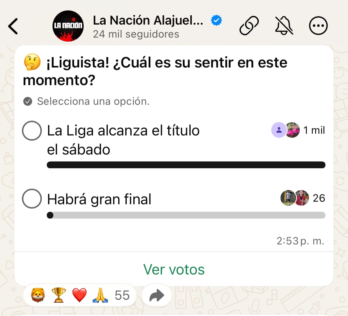 Este fue el resultado de la consulta formulada en el canal de WhatsApp La Nación Alajuelense al momento de hacer el corte para este artículo.