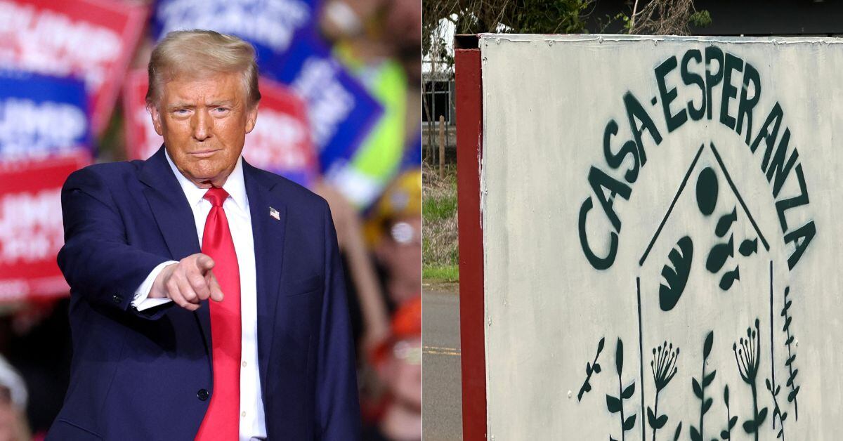 En la imagen, a la izquierda, se observa a Donald Trump, presidente de Estados Unidos, y a la derecha el logo de Casa Esperanza.