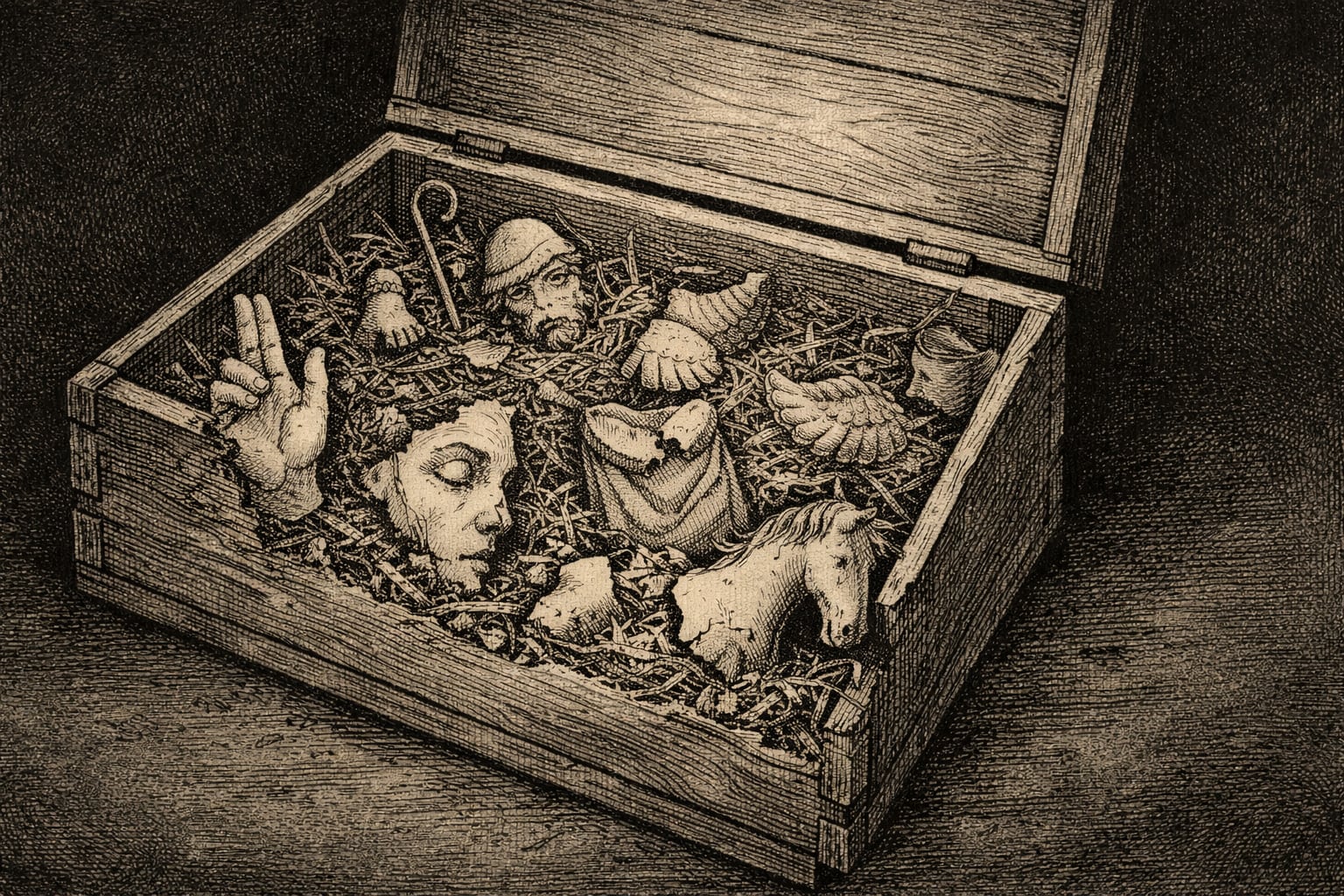 Piezas rotas de portal, pasito o nacimiento, guardadas en caja de madera con paja y aserrín.