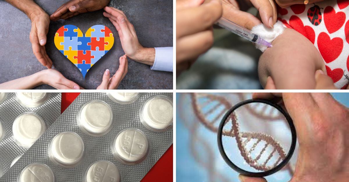 Una composición de imágenes dividida en cuatro. A la izquierda, arriba, el símbolo de autismo. A la derecha, arriba, una niña siendo vacunada, no se le ve la cara. A la izquierda, abajo, un blíster de paracetamol. A la derecha, abajo, una imagen del ADN.
