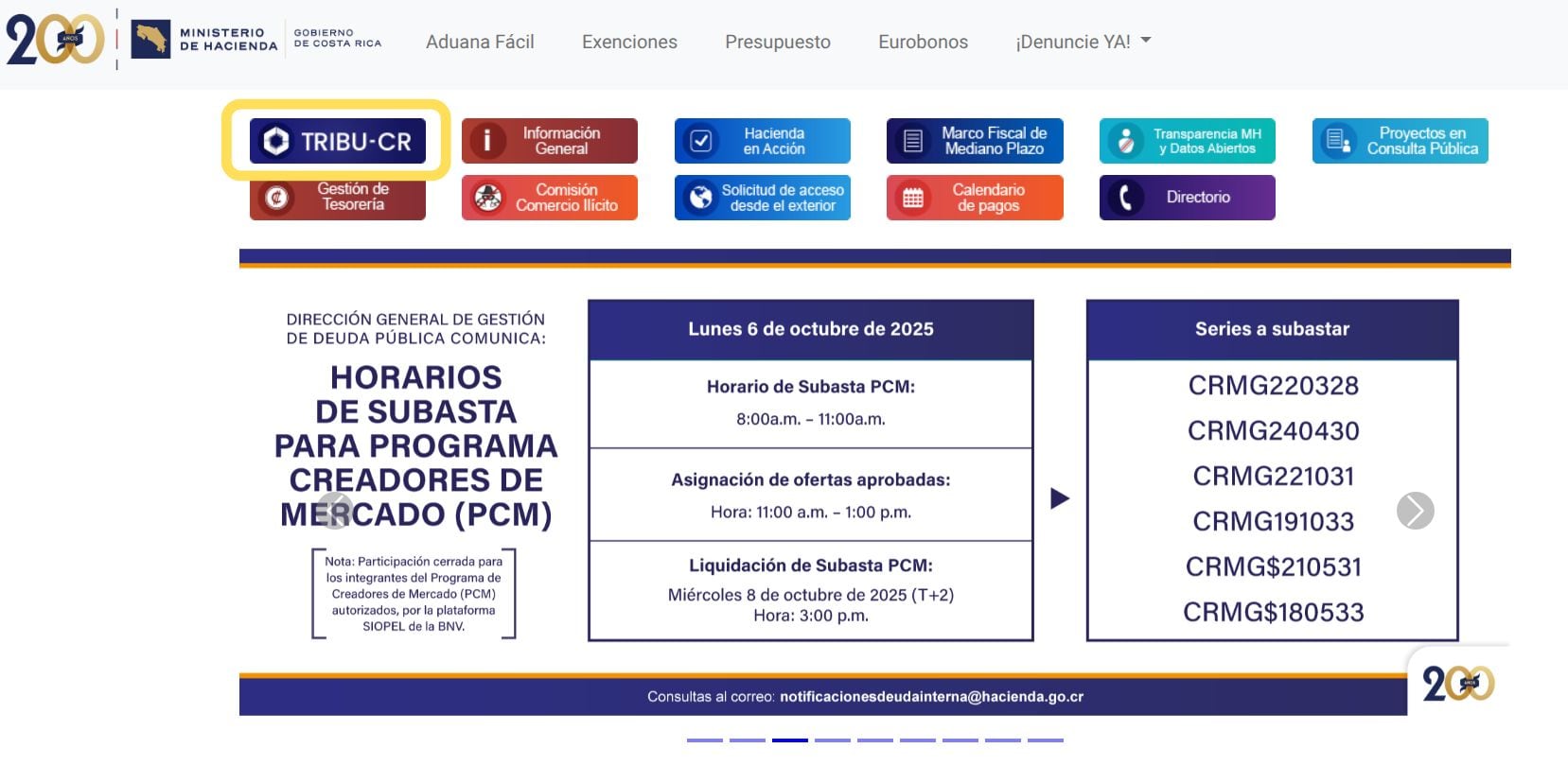 Para ingresar a la nueva plataforma Tribu-CR, los usuarios deben ingresar a la página oficial del Ministerio de Hacienda y hacer clic, en el menú superior, en la opción "TRIBU-CR".