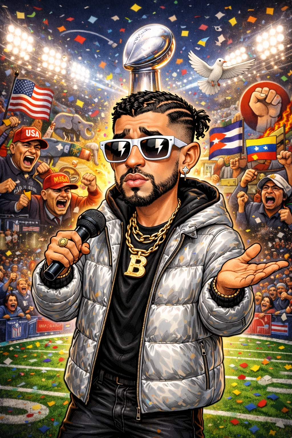 Caricatura de Bad Bunny en el Super Bowl 2026