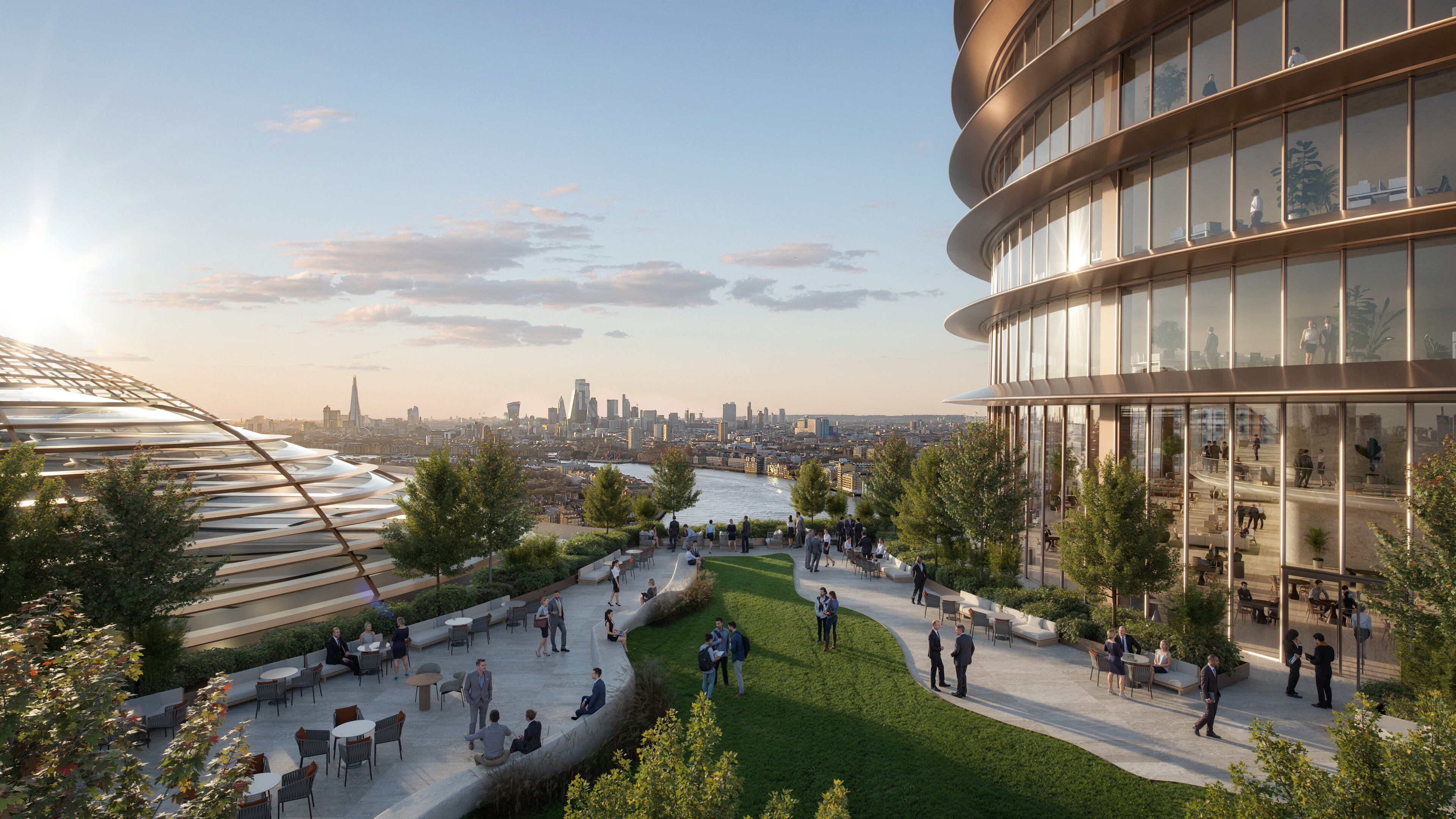 Render arquitectónico que muestra áreas verdes y zonas de reunión junto a la nueva sede de JPMorgan Chase en Canary Wharf, con vista panorámica de Londres al atardecer.