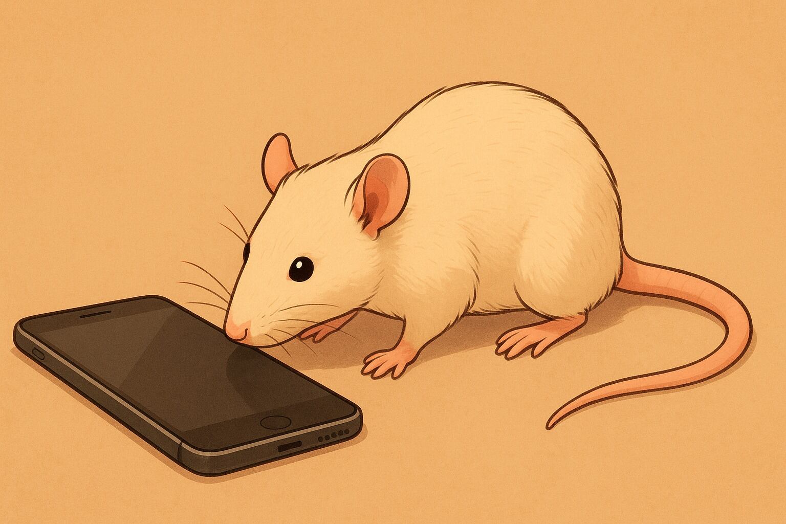 Rata de laoboratorio olisqueando un teléfono celular