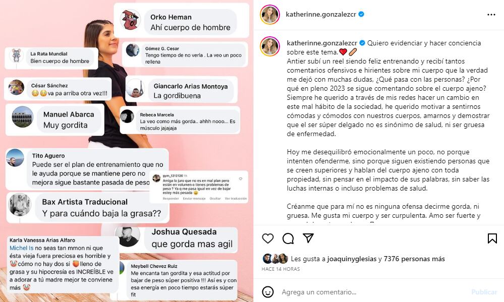 Katherinne González recibe comentarios ofensivos sobre su cuerpo