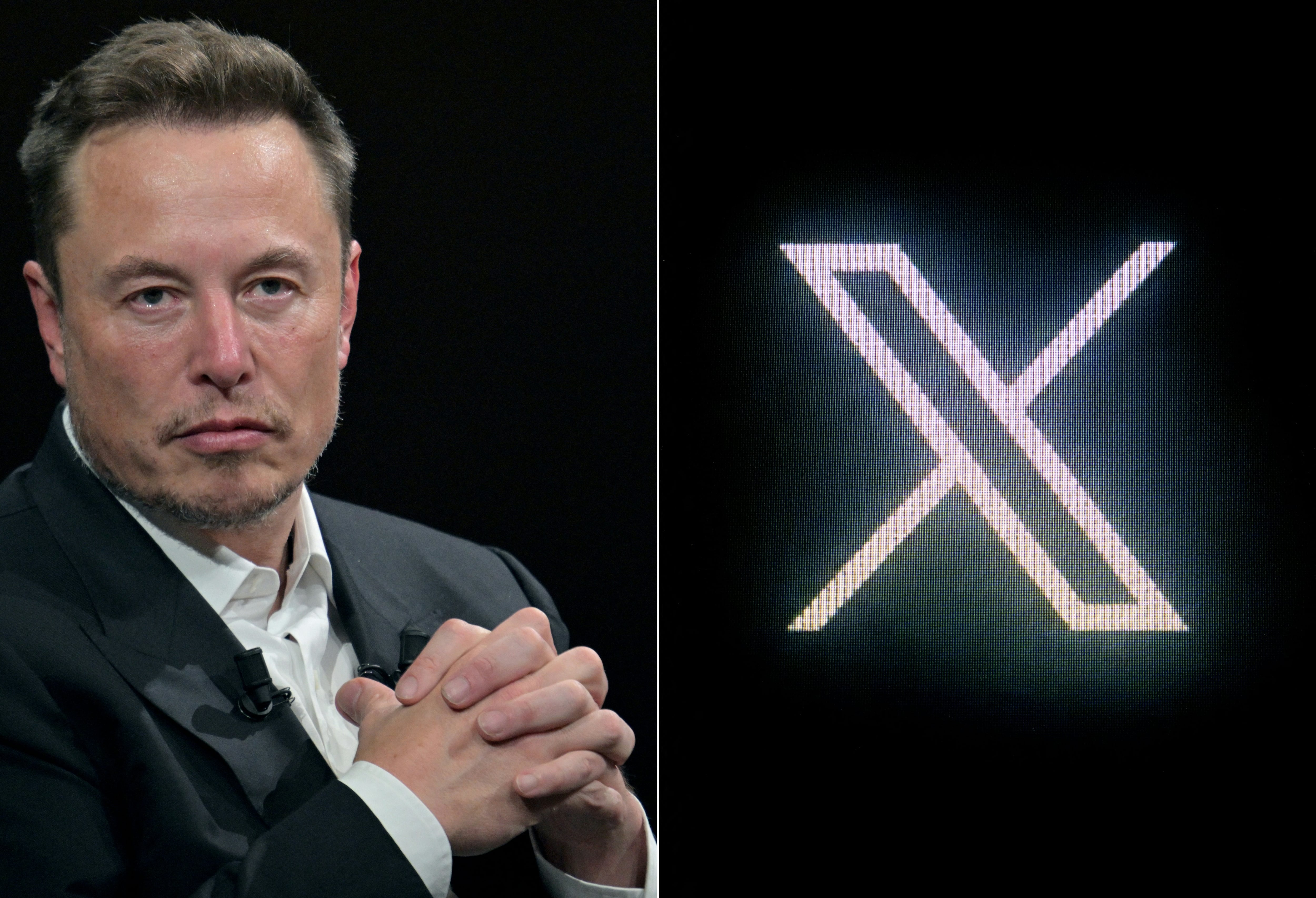 (FILES) (COMBO) This combination of pictures created on October 10, 2023, shows (L) SpaceX, X and electric car maker Tesla CEO Elon Musk in Paris, on June 16, 2023 and (R) the new Twitter logo rebrand
