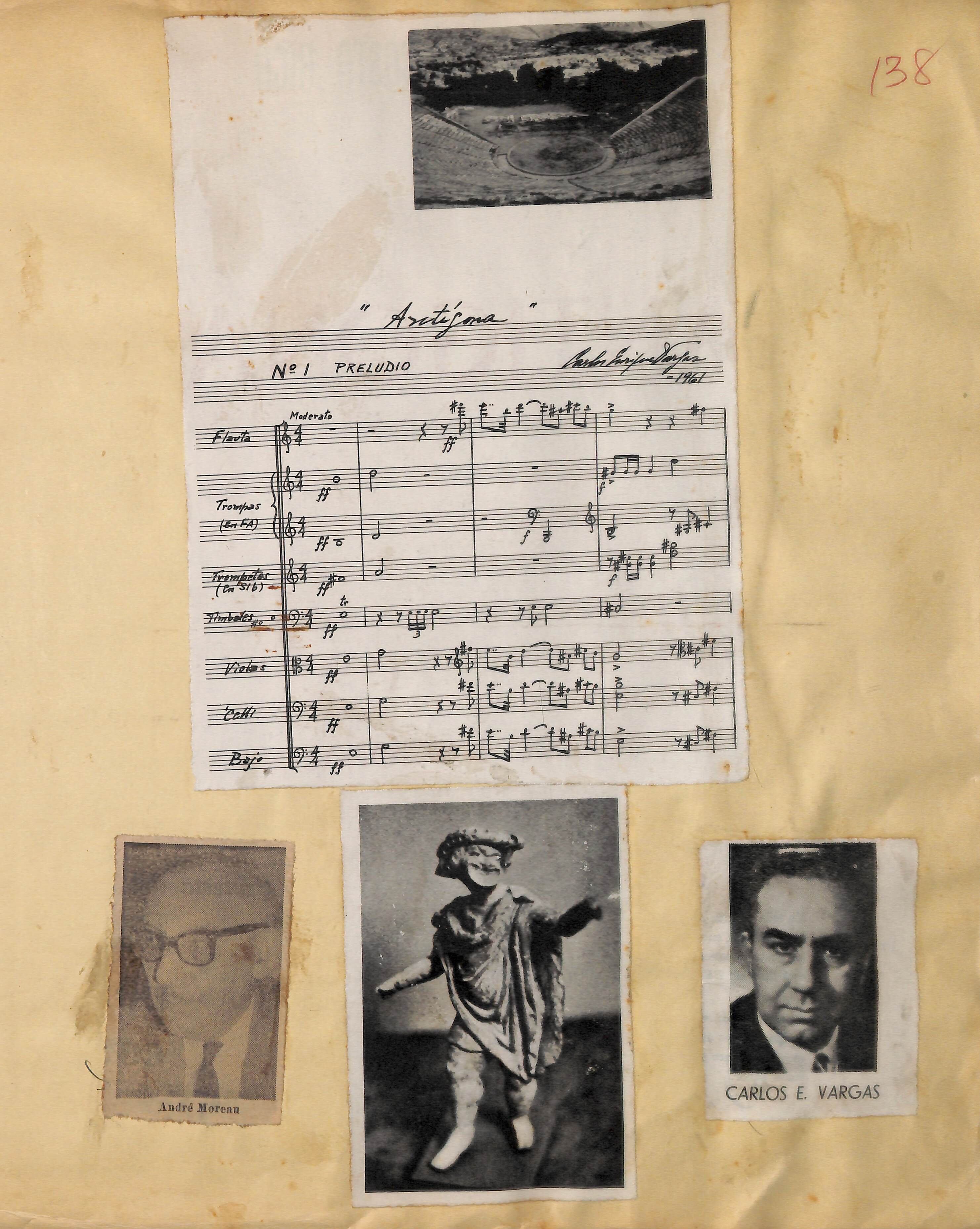 Página histórica con la partitura del preludio, compuesto por el maestro Carlos Enrique Vargas, para 'Antígona'.