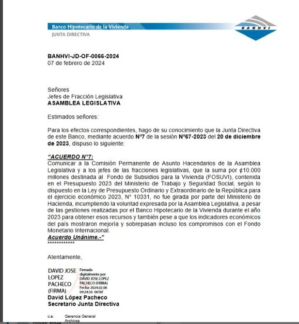 Copia del oficio enviado a las jefaturas de fracción de la Asamblea Legislativa, informando que los recursos no fueron girados por el Ministerio de Hacienda. Foto: Cortesía Frente Amplio