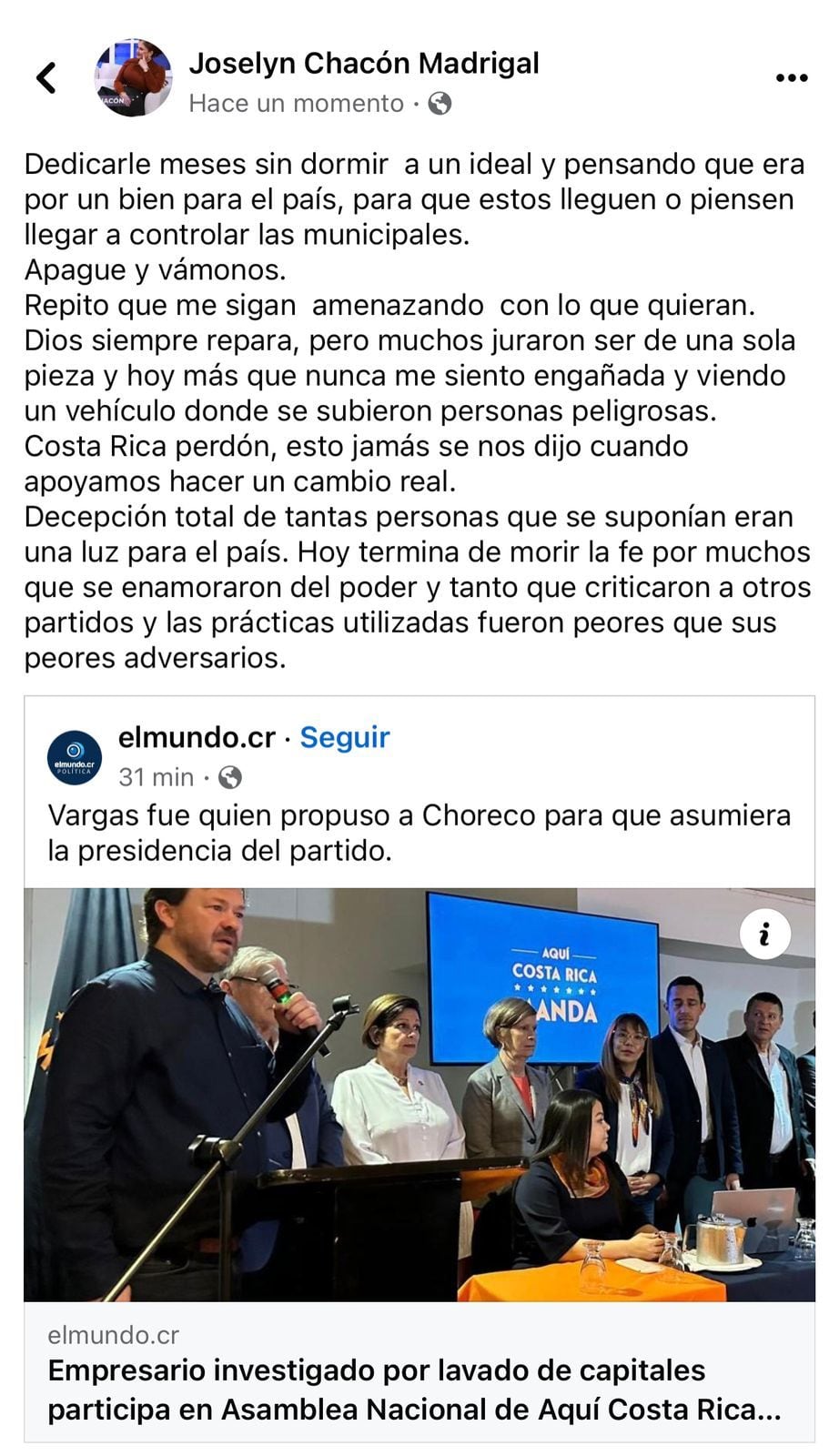 Publicación de Joselyn Chacón señala al partido ACRM de ser un vehículo de personas "peligrosas".