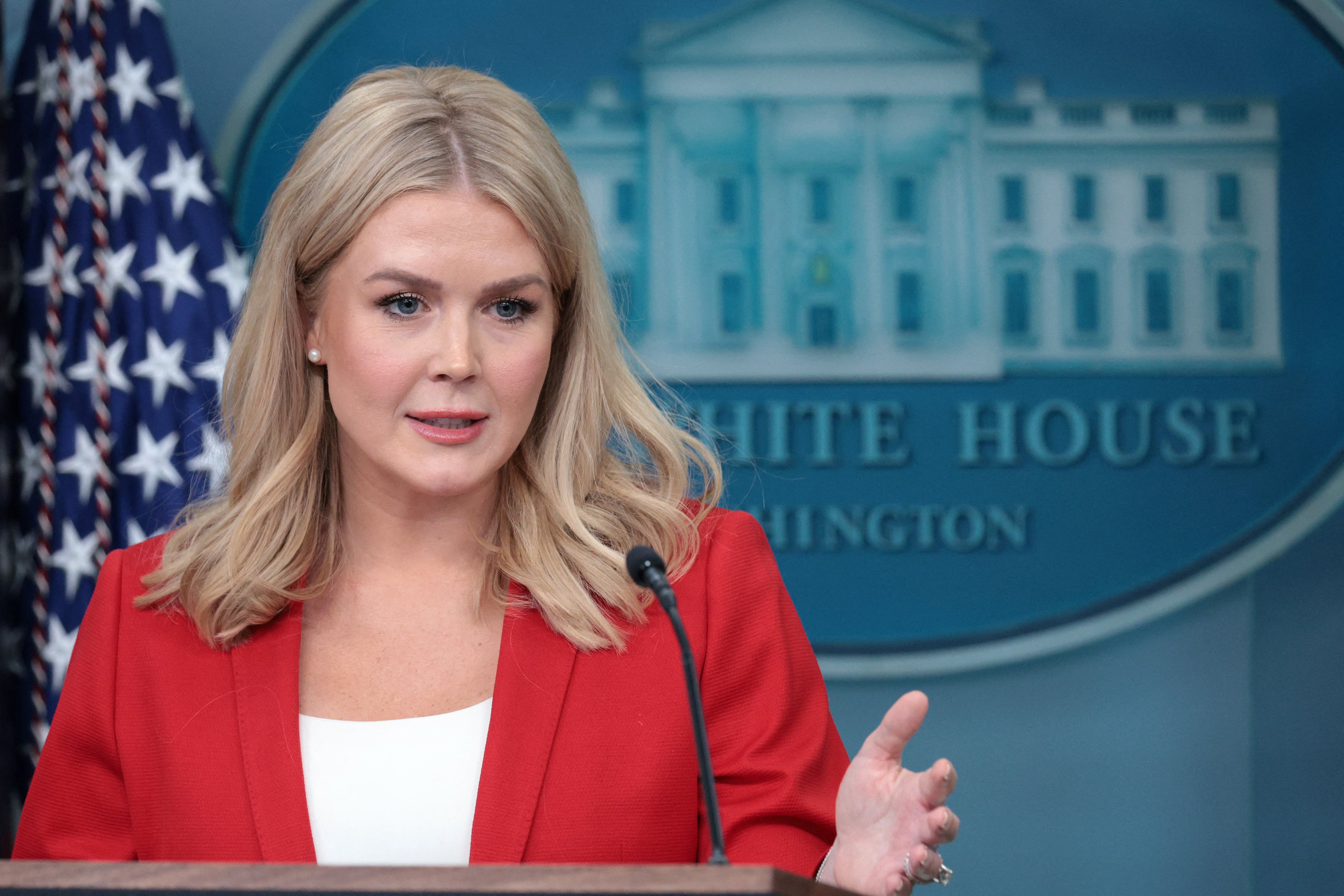 WASHINGTON, DC - FEBRUARY 25: White House Press Secretary Karoline Leavitt speaks during the daily White House press briefing at the James Brady Press Briefing Room of the White House on February 25, 2025 in Washington, DC. Leavitt held a news bri