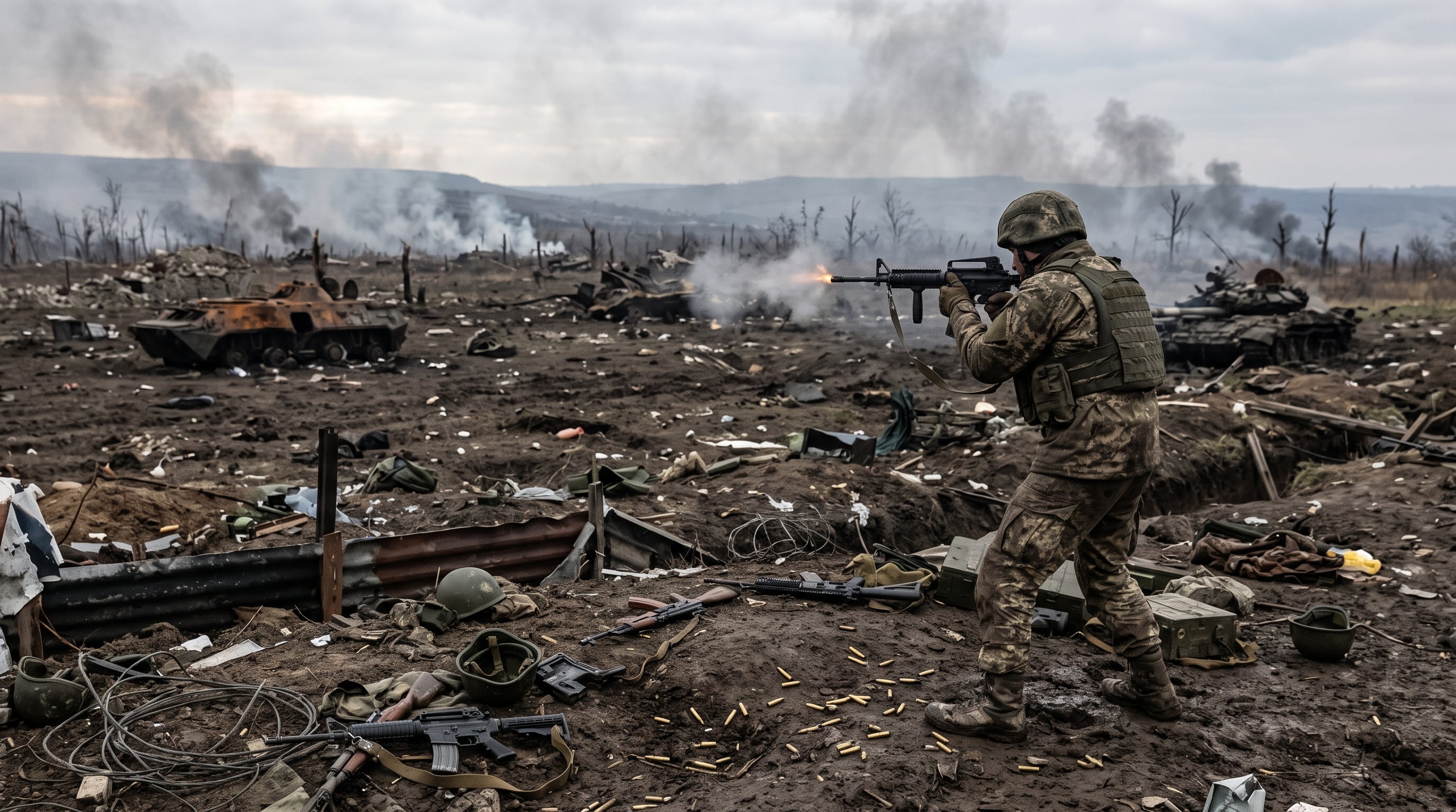 Un campo de batalla vacío después de la guerra, con humo disipándose y armas abandonadas y un soldado que sigue disparando contra la nada, pese a no haber ya enemigo alguno.