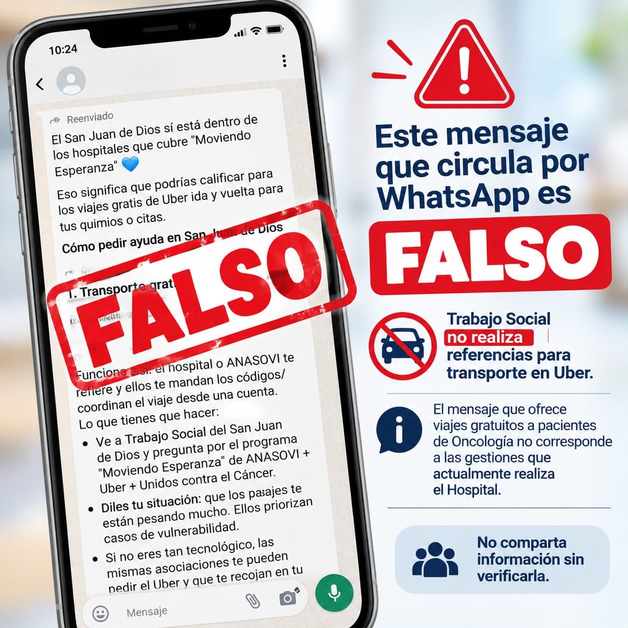 Este es el mensaje falso que circula por WhatsApp y que motivó una alerta del Hospital San Juan de Dios. La publicación ofrece supuestos viajes gratuitos en Uber a pacientes de Oncología.