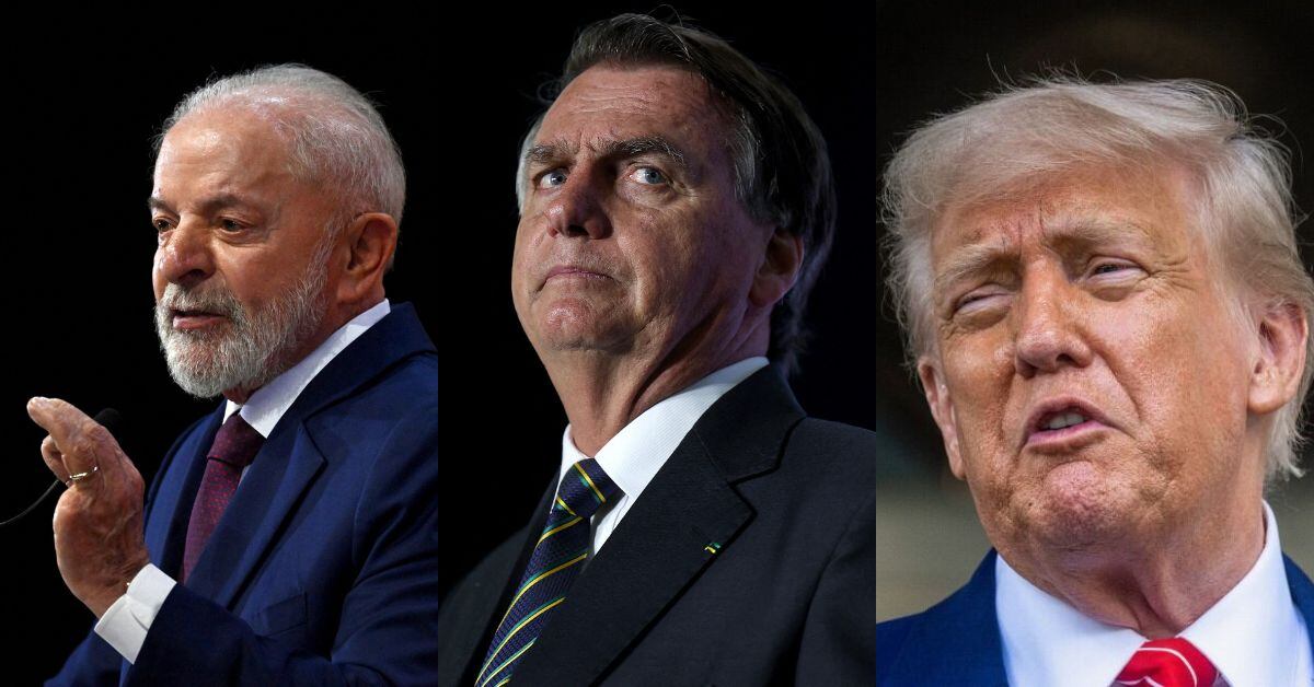 Luiz Inácio Lula da Silva, presidente de Brasil (izquierda), defiende la condena a Jair Bolsonaro (centro) en medio de una crisis diplomática con Donald Trump (derecha), quien la ha criticado.