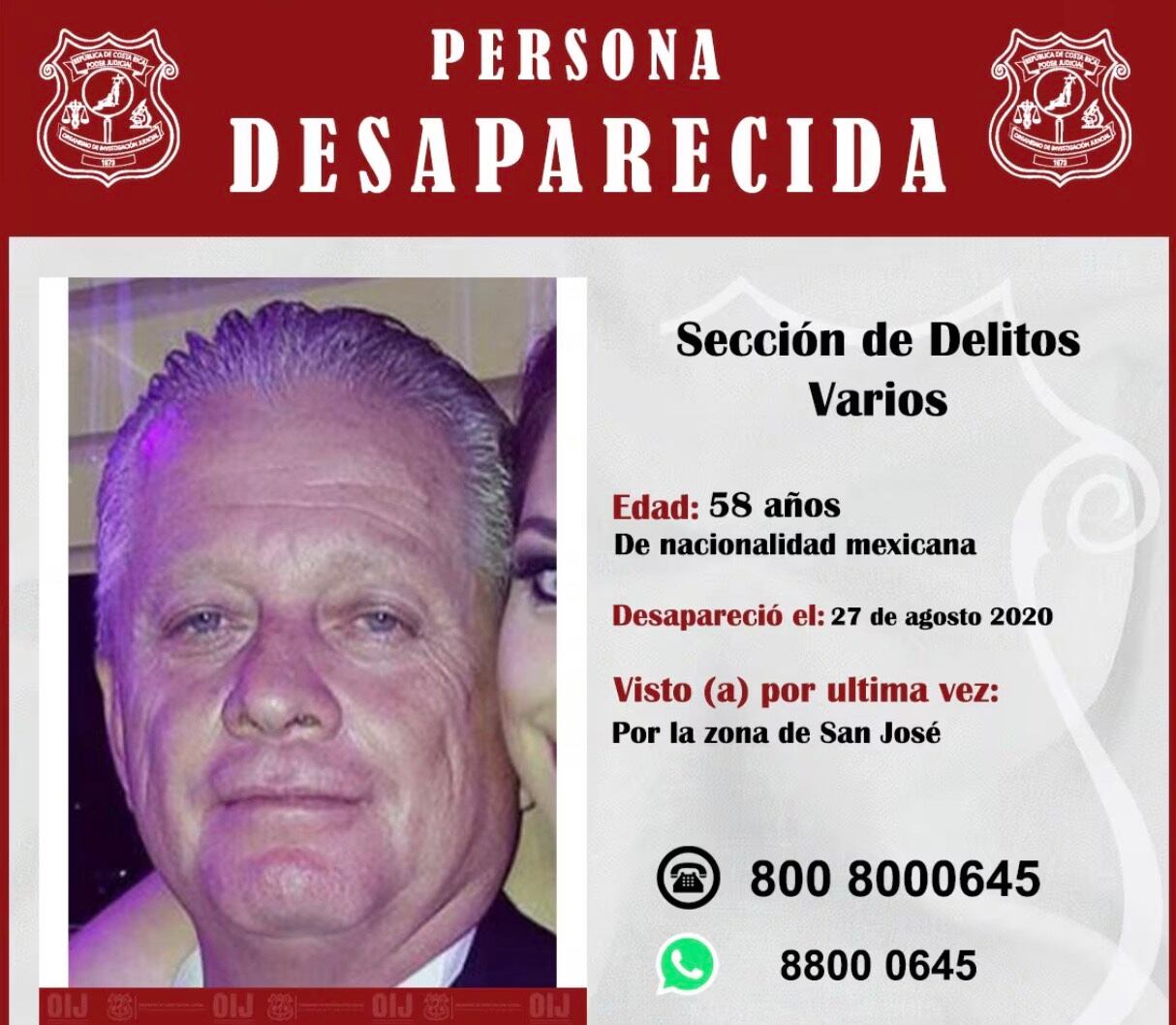 El maxicano Anibar Lozano Cano desapareció en 2020 en San José.