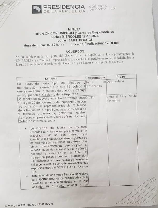 Este fue el acuerdo firmado por el MOPT y líderes vecinales para suspender los bloqueos en la ruta 32.