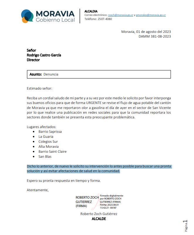 Carta de Roberto Zoch, alcalde de Moravia, al AyA, en agosto del 2023, donde reportó olores a combustible en el agua.