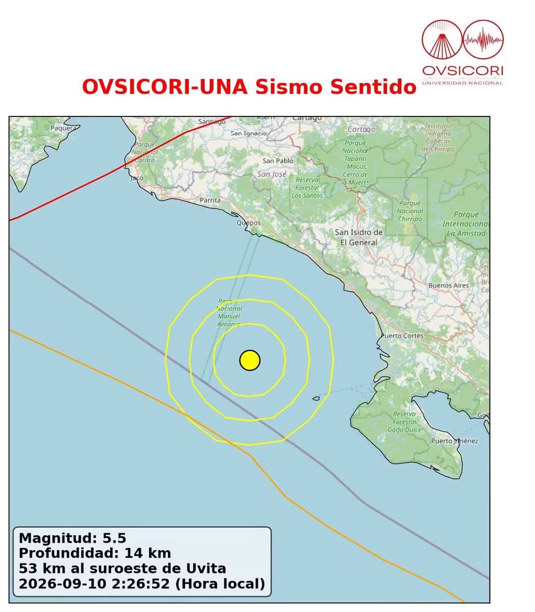 Costa Rica registró un temblor de magnitud 5,5 a las 2:26 a. m., 53 km al suroeste de Uvita.