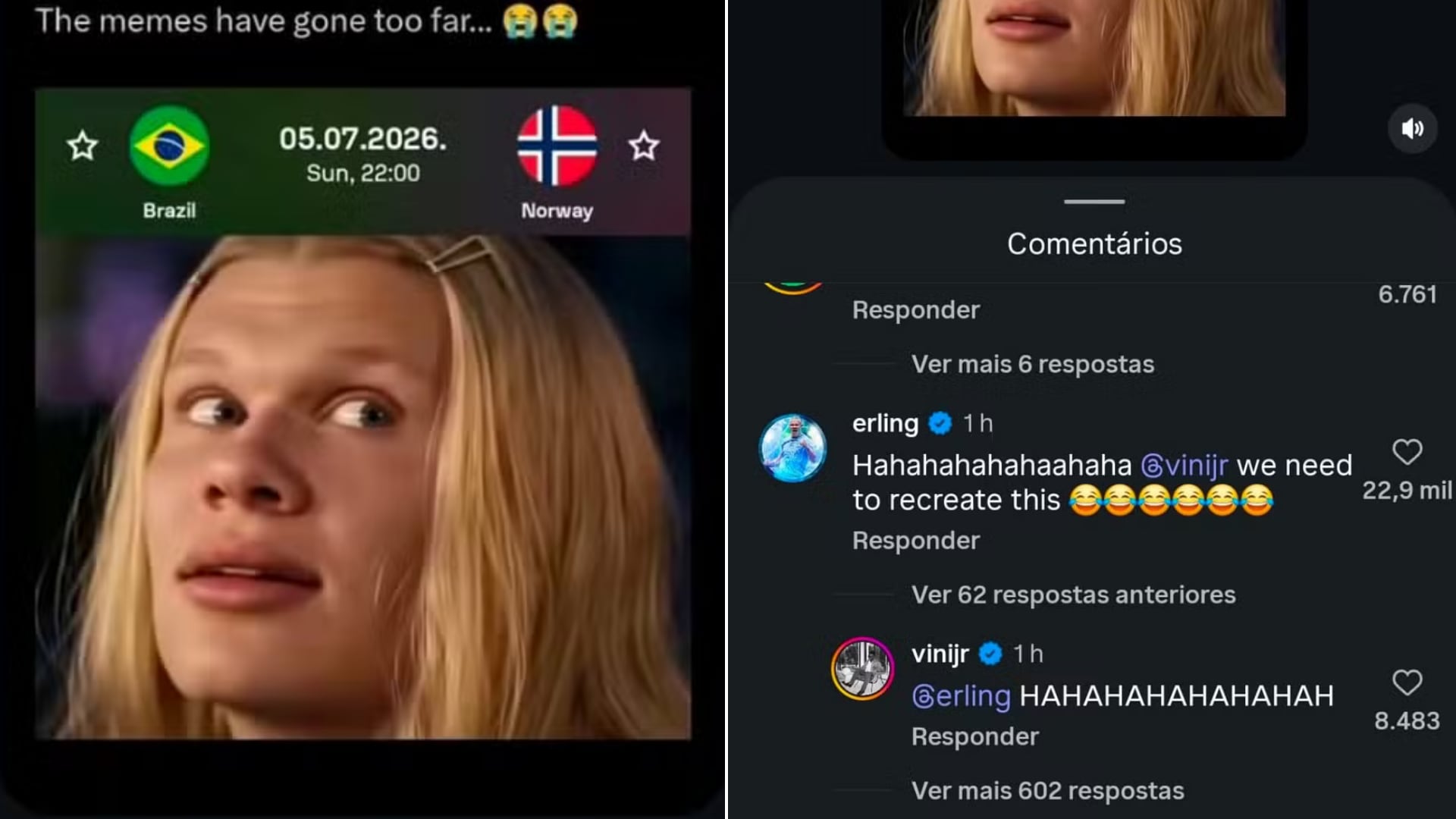 Un meme basado en una escena de ¿Y dónde están las rubias? provocó una divertida conversación entre Haaland y Vinícius Jr. en redes sociales.