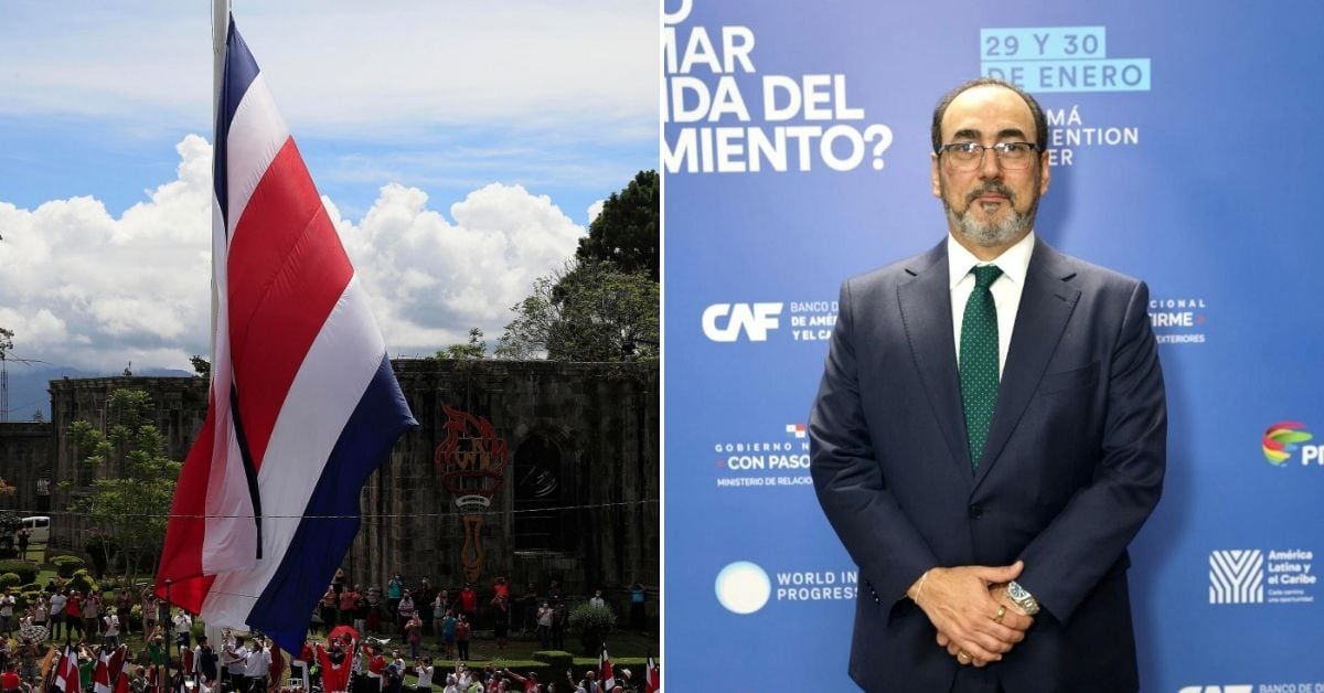 Montaje de dos imágenes: a la izquierda, una bandera de Costa Rica ondeando frente a un edificio histórico durante un evento cívico; a la derecha, Sergio Díaz-Granados, presidente del Banco de Desarrollo de América Latina (CAF), posando frente a un fondo institucional en una conferencia de prensa.