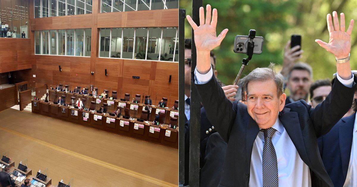 En la imagen a la izquierda se aprecia una toma aérea del plenario legislativo y a la derecha una imagen de Edmundo González Urrutia.