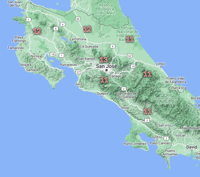 Así están los índices de radiación ultravioleta en Costa Rica.
Imagen: www.imn.ac.cr