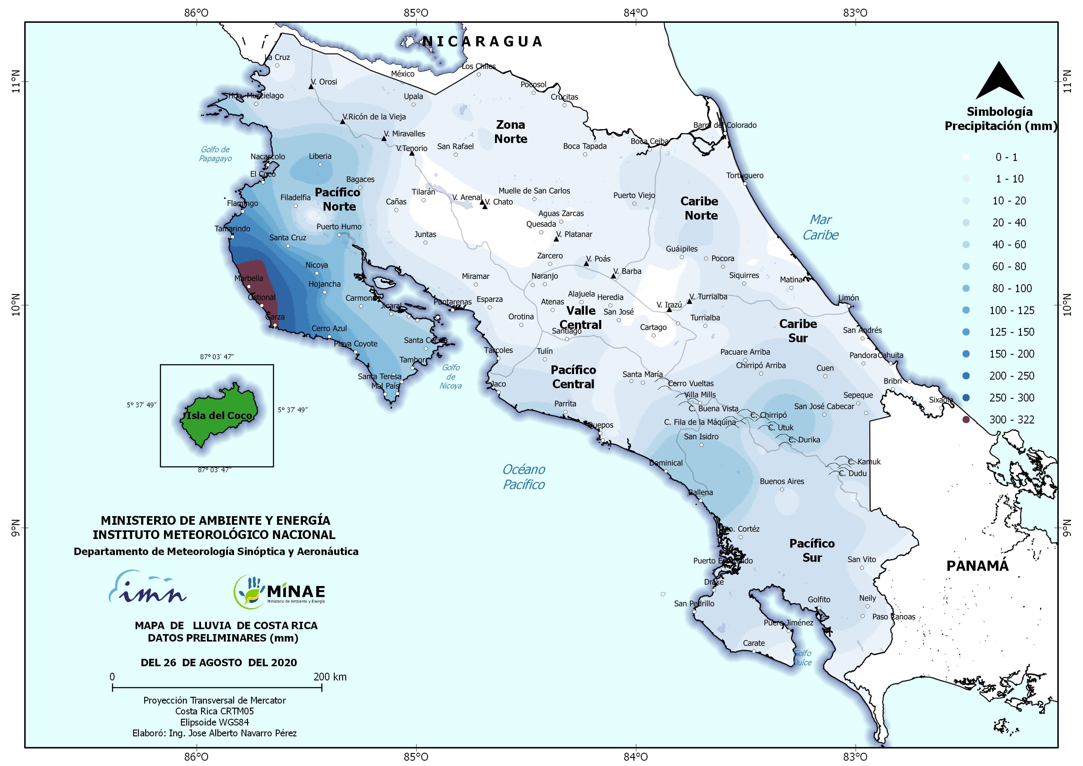 El miércoles fue el día de más lluvias y cómo se ve en las marcas café y azul al extremo oeste dela península de Nicoya, los montos fueron altísimos. Imagen: IMN.