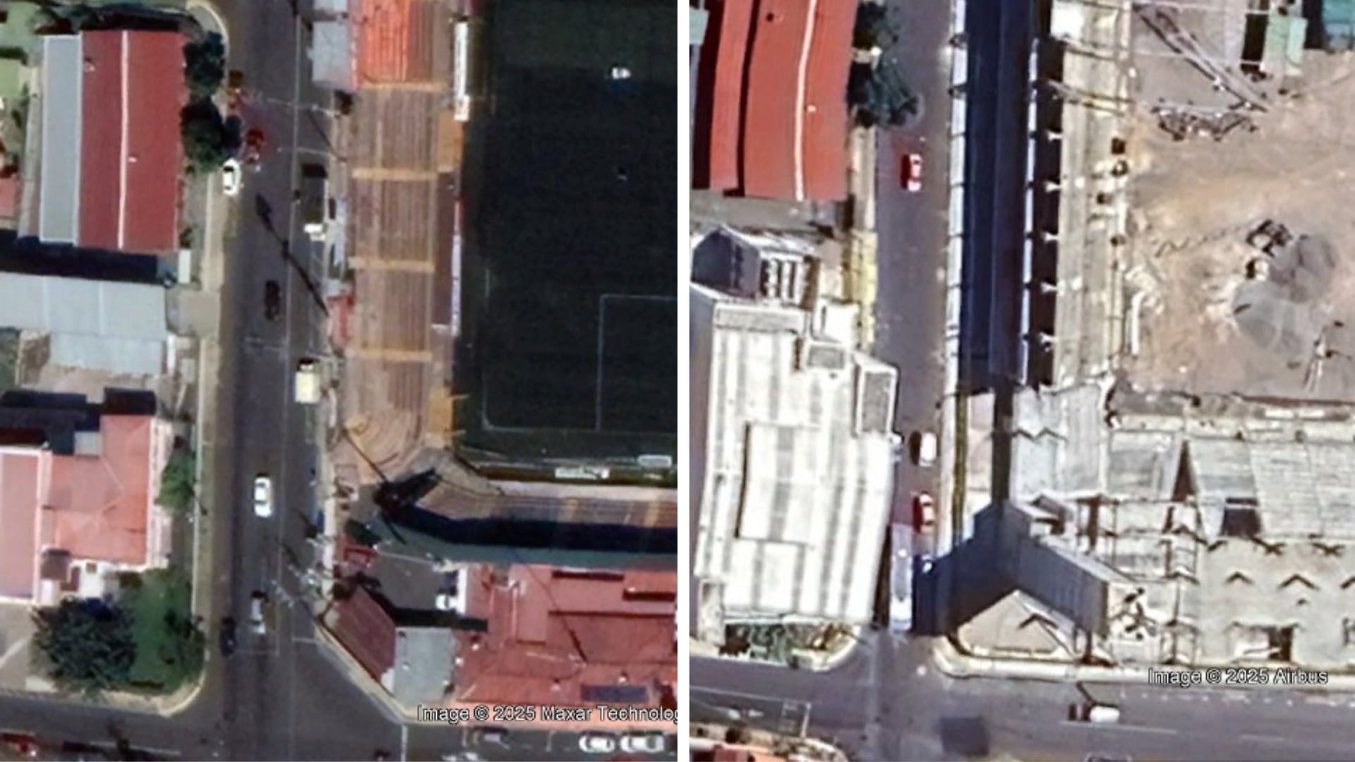 Imagen satelital comparativa en el sector donde se remodela el Estadio Rosabal Cordero, en Heredia.