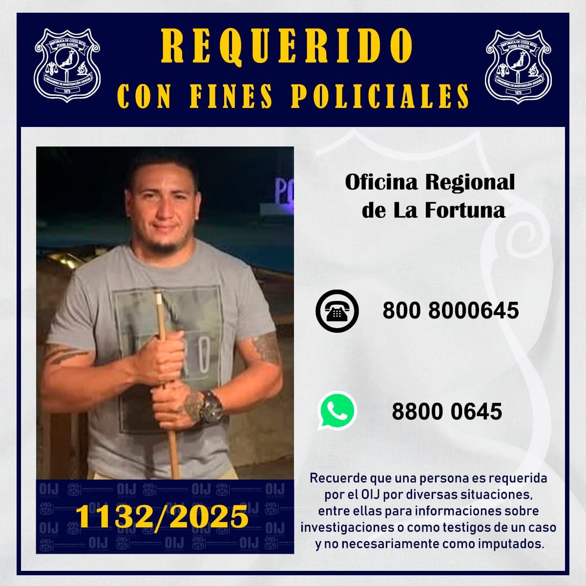 Esta es la imagen divulgada por el OIJ del sospechoso de asesinar a Frank Díaz en La Fortuna de San Carlos el pasado 23 de abril.