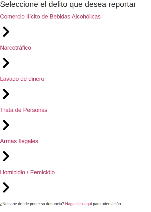 Una vez que selecciona la bandera de Costa Rica, aparecen los delitos que puede denunciar en la plataforma.
