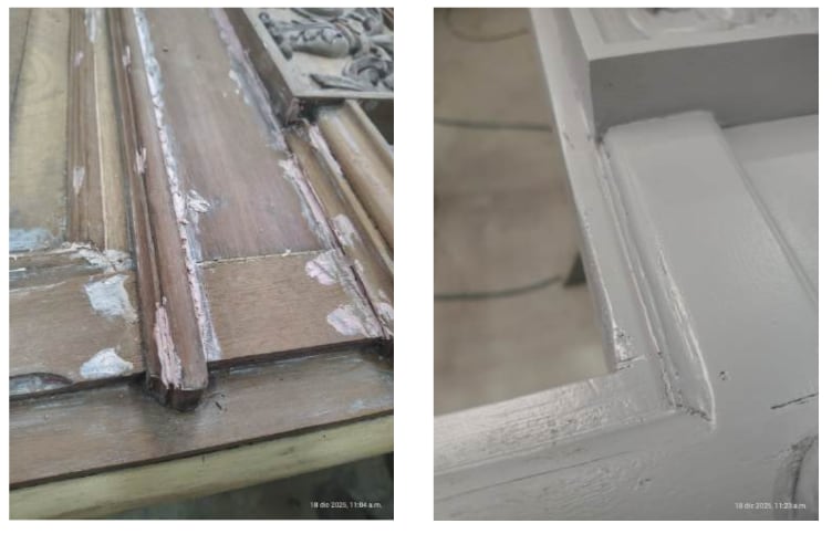 Uso de masilla plástica de manera inadecuada y deformación de moldura.