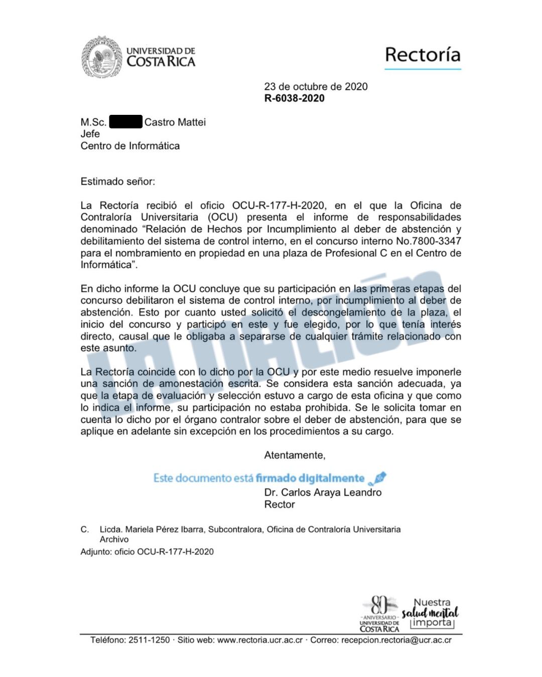 Oficio de Rectoría UCR