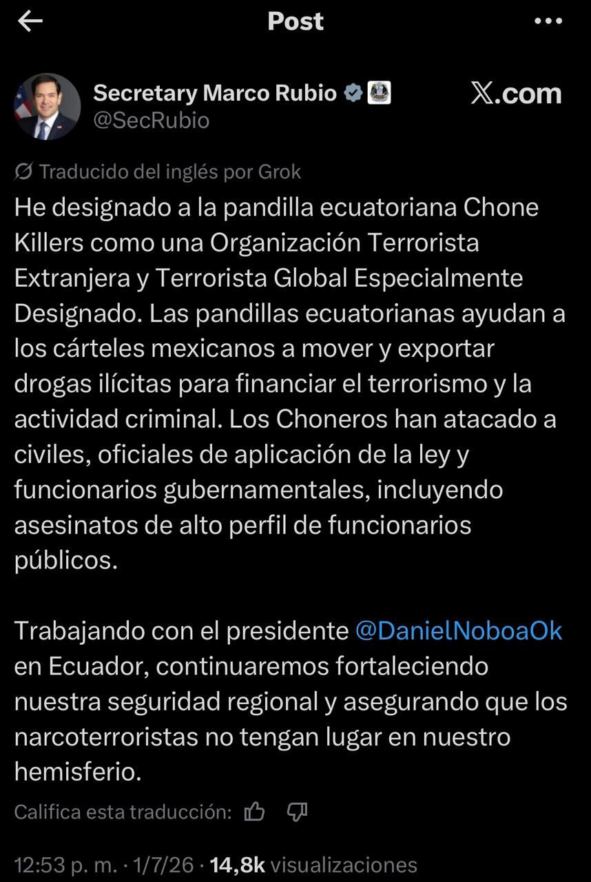 Secretario de Estado, Marco Rubio indica que el grupo criminal ecuatoriano Chone Killers es una organización terrorista extranjera.