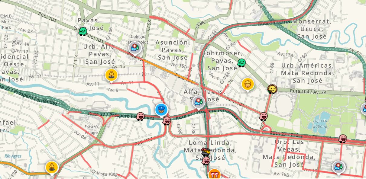 Según Waze de la Sabana a Escazú las personas están durando aproximadamente 30 minutos