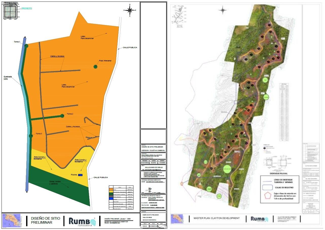A la izquierda, el plano original del proyecto Clyton, en el corredor biológico Paso La Danta, en Savegre, Quepos, presentado en el 2022. A la derecha, el plano con la ampliación que pidió el desarrollador Friends of Portalón S. A., en noviembre del 2024, luego de que el Sinac y Setena detectaron los daños ambientales y trabajos no autorizados en el proyecto residencial.