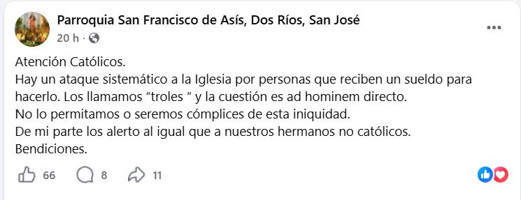 Una parroquia josefina alertó sobre ataques de troles tras discurso de sacerdotes en Nicoya.