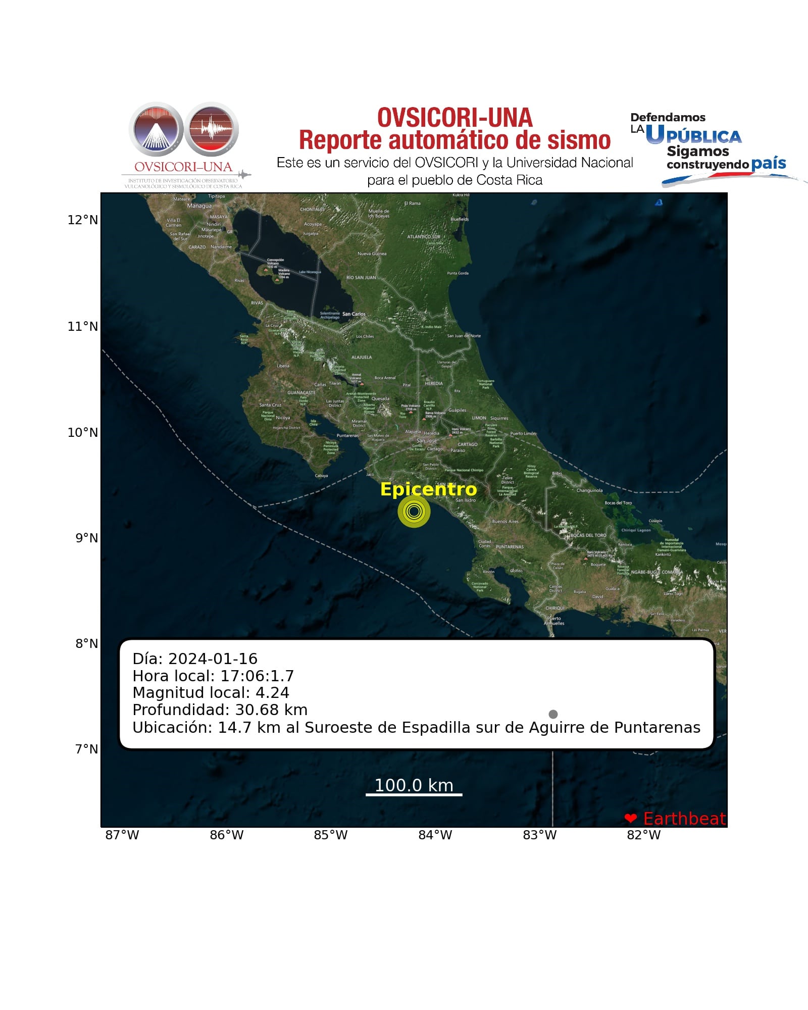 Temblor se registró a las 5:02 p. m. de este martes, al suroeste de Espadilla sur de Aguirre de Puntarenas.