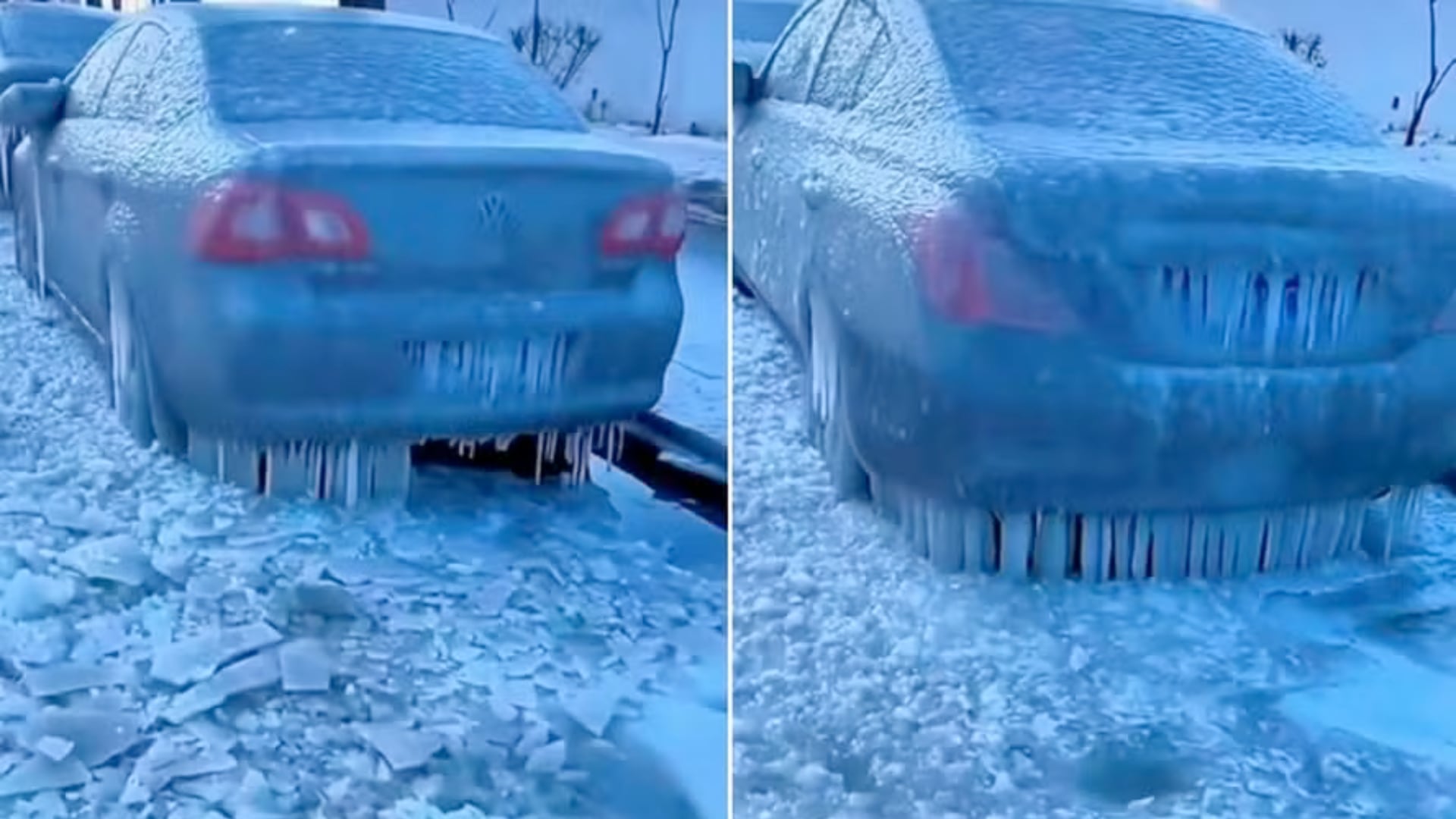 El agua de una fuga se congeló al instante a -20 °C y dejó varios carros cubiertos de hielo en una ciudad china.