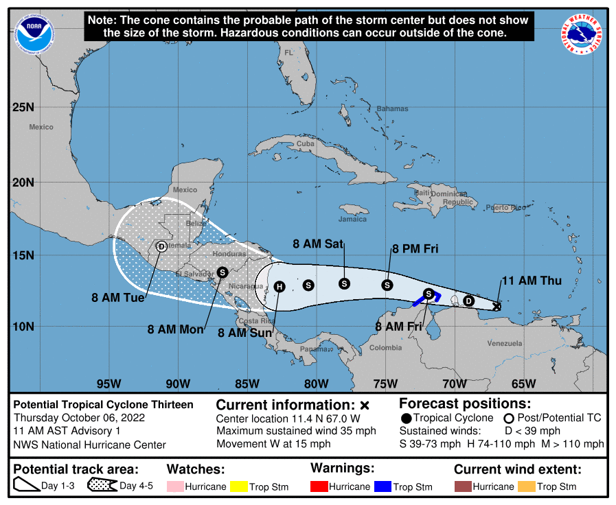 Desde el sábado comenzarán a sentirse en el país los efectos indirectos del disturbio que para ese día será tormenta tropical, con probabilidad de pasar a huracán, según el Centro Nacional de Huracanes. Imagen: Centro Nacional de Hurcanaes.
