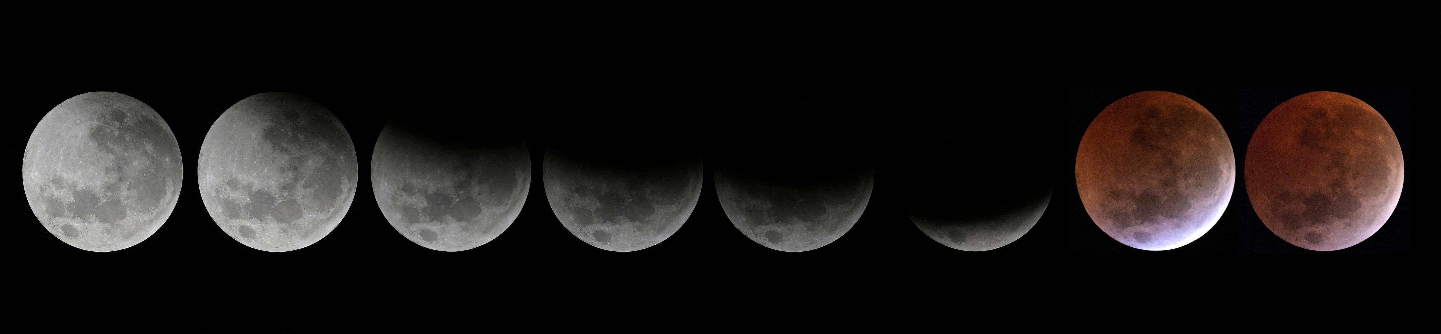 Esta combinación de fotos muestra el eclipse lunar total, conocido como Luna de Sangre, desde la penumbra hasta la umbra, visto desde el Planetario Galileo Galilei en Buenos Aires el 14 de marzo de 2025.