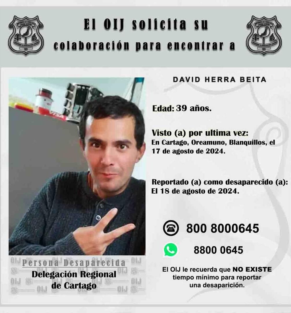 El hombre, de 39 años, fue visto por última vez en Blanquillos el 17 de agosto. (Foto: OIJ)