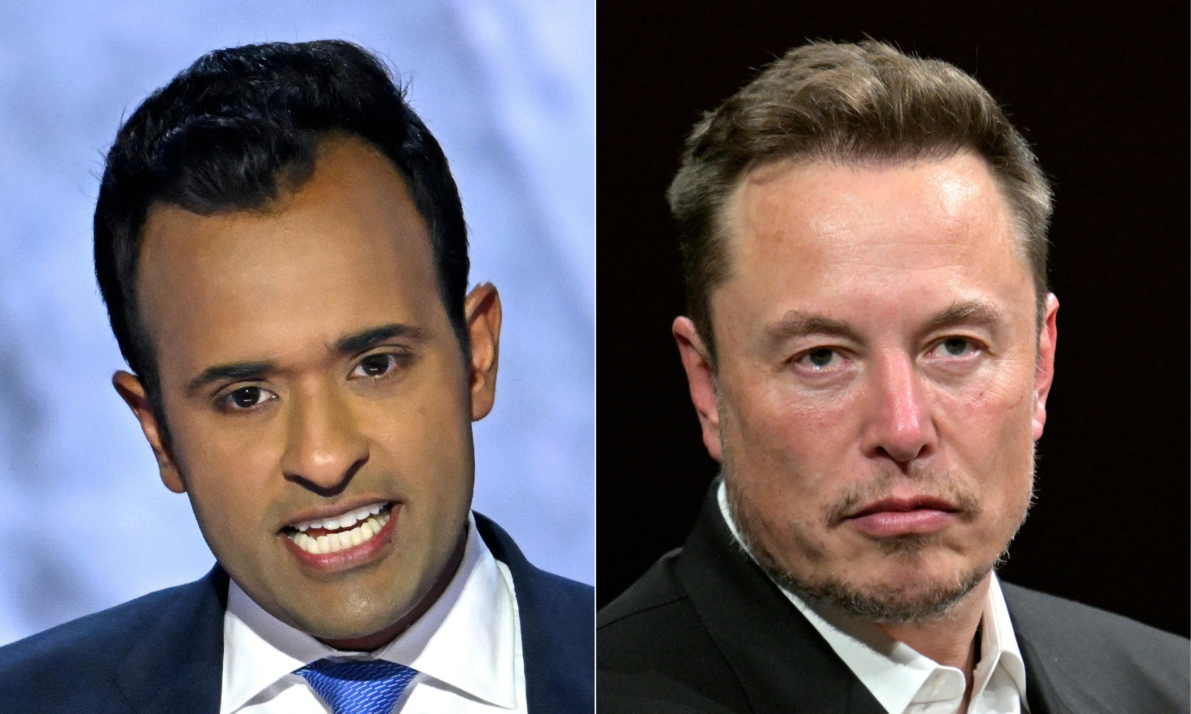Trump nombrará a Vivek Ramaswamy y a Elon Musk para dirigir un nuevo departamento que tendrá, entre sus funciones, reducir el tamaño del gobierno. (Foto: Andrew Caballero -Reynolds y Alain Jocard / AFP)