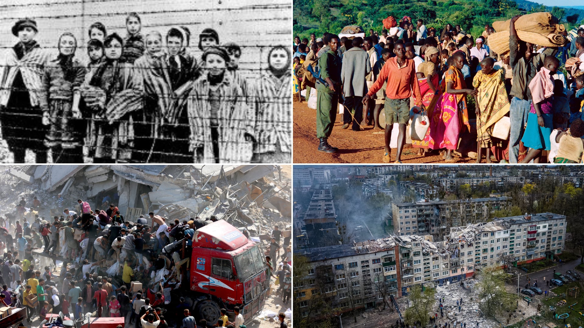 Campos de concentración durante Holocausto judío, éxodo masivo por genocidio en Ruanda, gazatíes saltan sobre camión con ayuda humanitaria y destrucción de Rusia en Ucrania