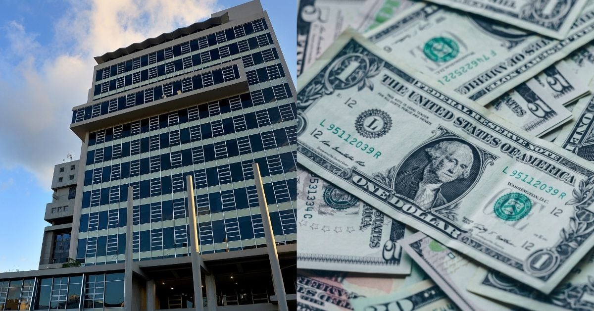 Una composición fotográfica. A la izquierda, el edificio de la CCSS. A la derecha, billetes de dólares.