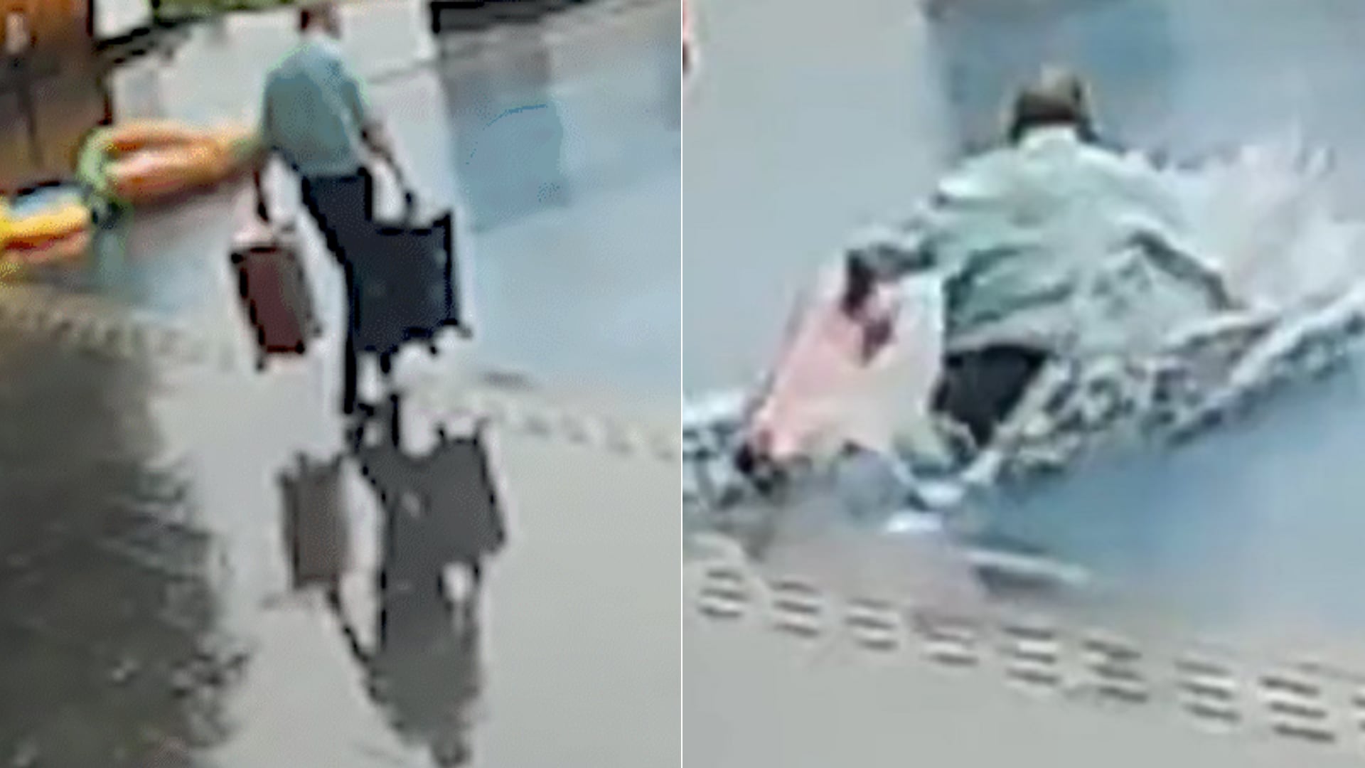 Un empleado de hotel en China protagonizó un accidente viral tras caer a una piscina mientras llevaba maletas bajo la lluvia.