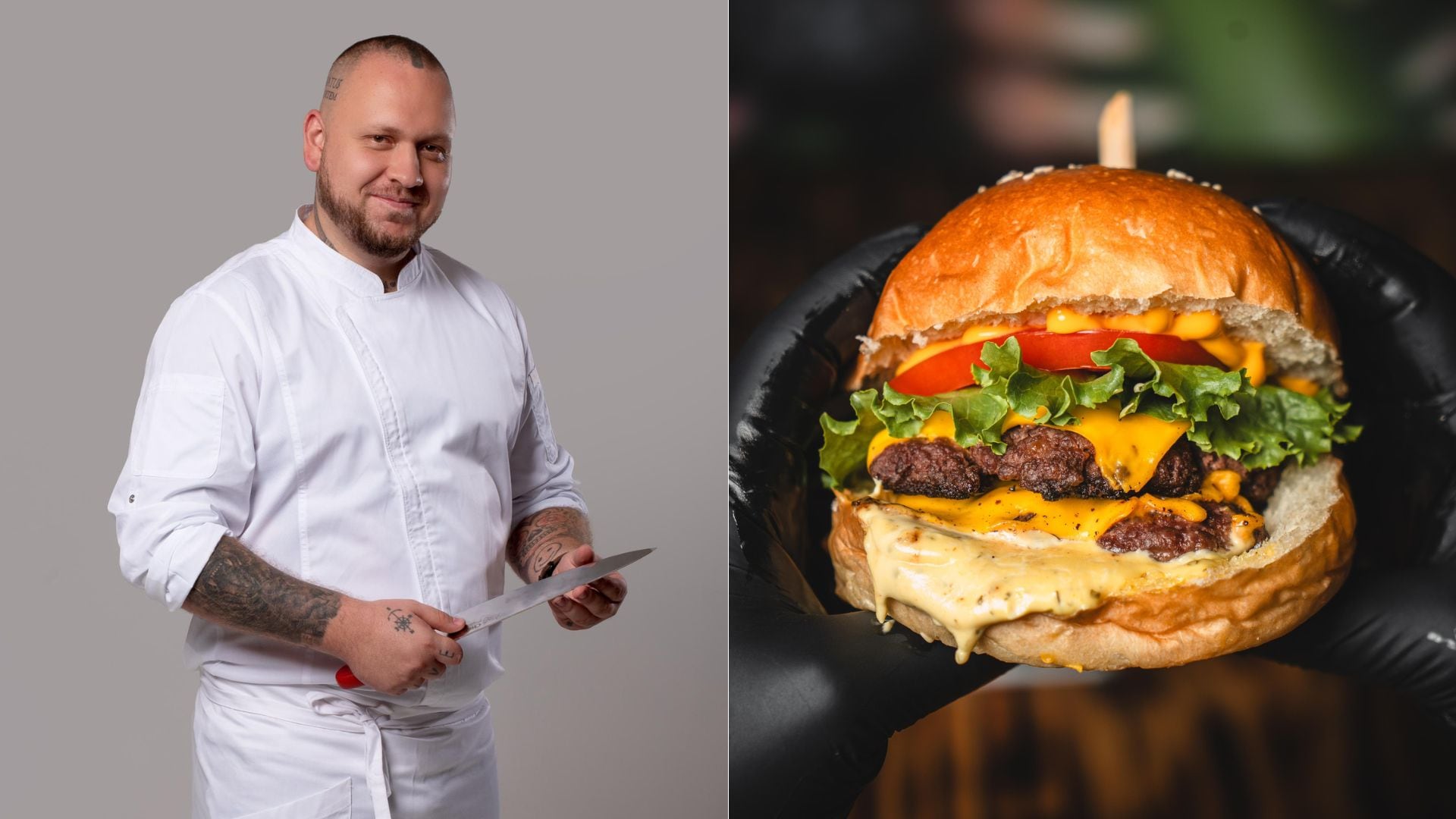 El chef Sebastián Jara Krasinki y una de las hamburguesas disponibles en su restaurante Comida Callejera XL.