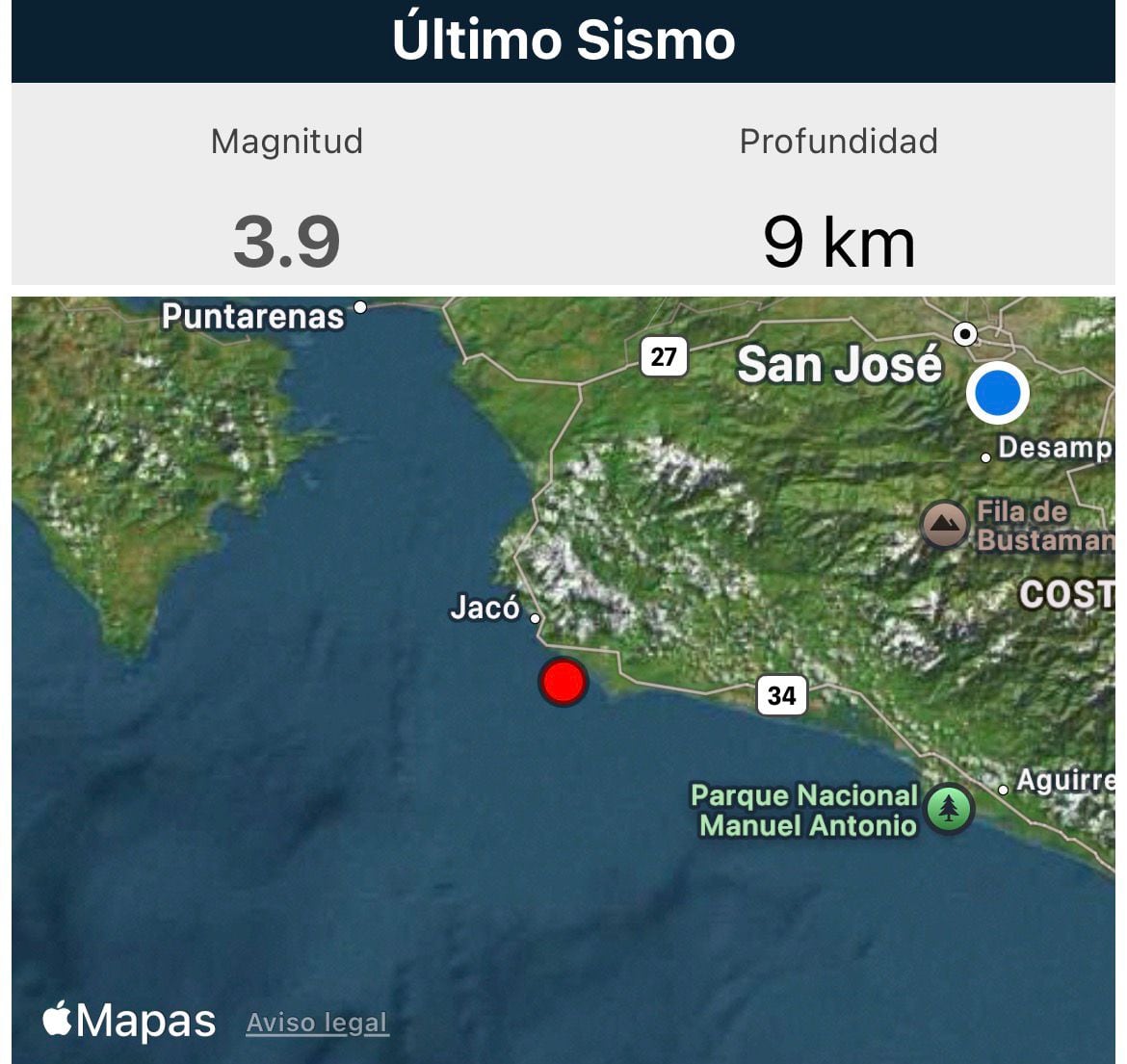 Temblor en Puntarenas se registró la noche de este miércoles. Captura de la aplicación del Ovsicori.